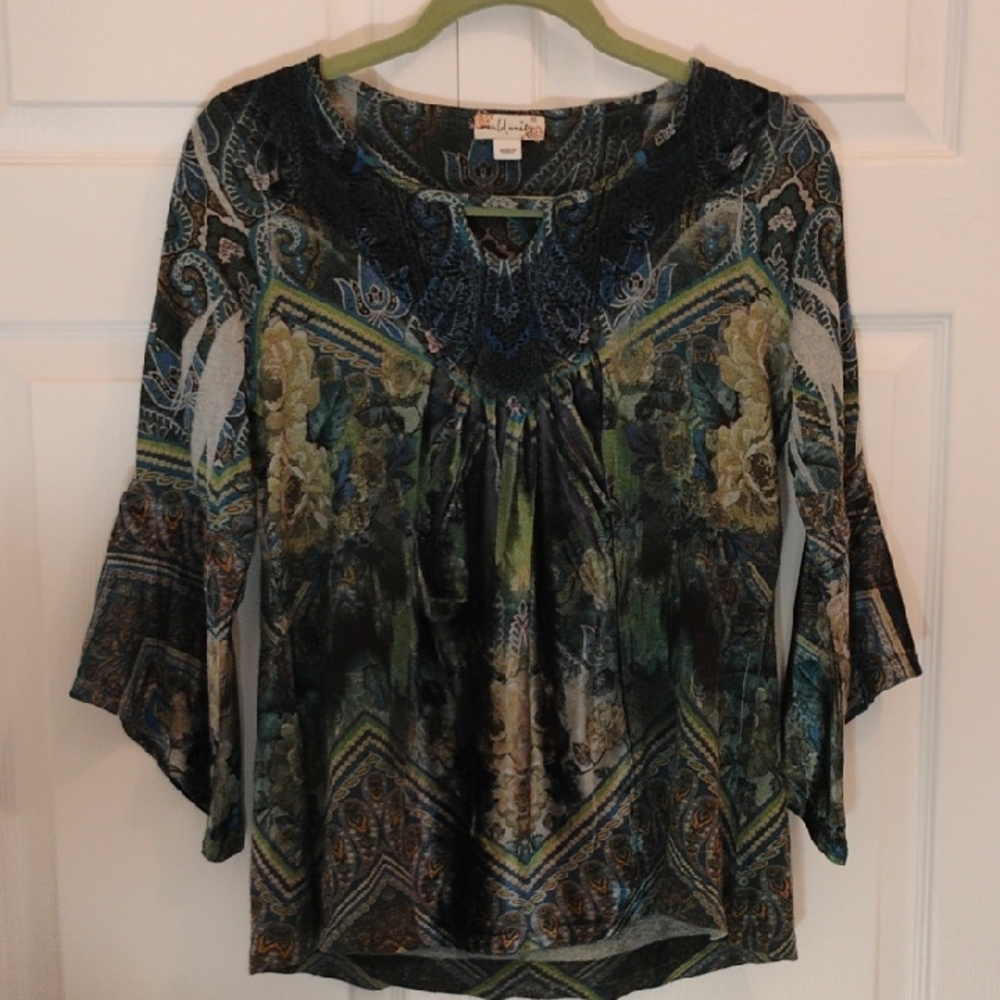 World Unity Size XS Velvet Teal Green Paisley Pattern Blouse